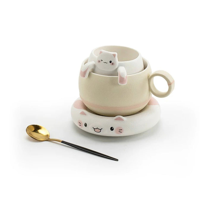 Unique cat mug with infuser and saucer | Cat lover gift