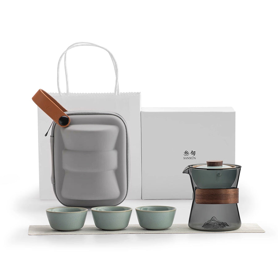 Comfy Hill - Glass and Ru-ware  travel tea set with rotate teapot
