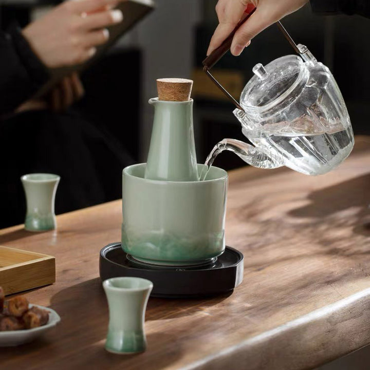 Custom Japanese sake set with warmer, stove, and tray