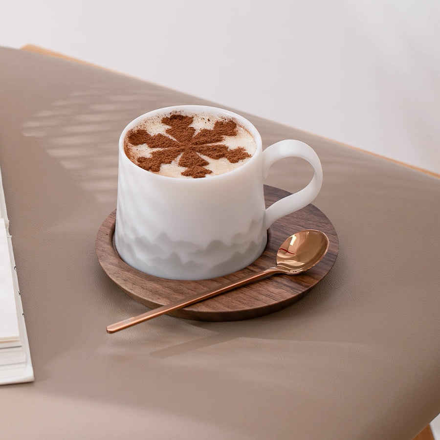 ice jade porcelain coffee mug with wooden saucer and tea spoon set 