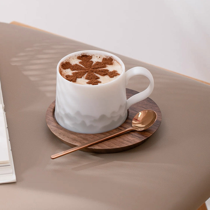 ice jade porcelain coffee mug with wooden saucer and tea spoon set 