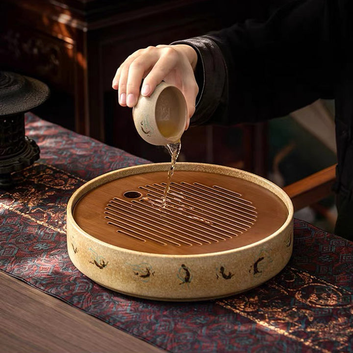 Flying Apsaras - Dunhuang handmade round tea tray with drainage