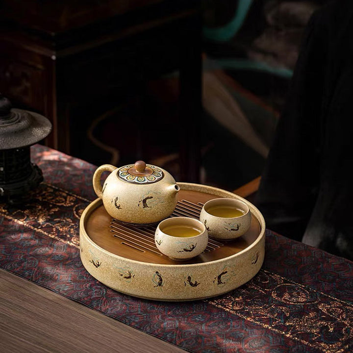 Flying Apsaras - Dunhuang handmade round tea tray with drainage