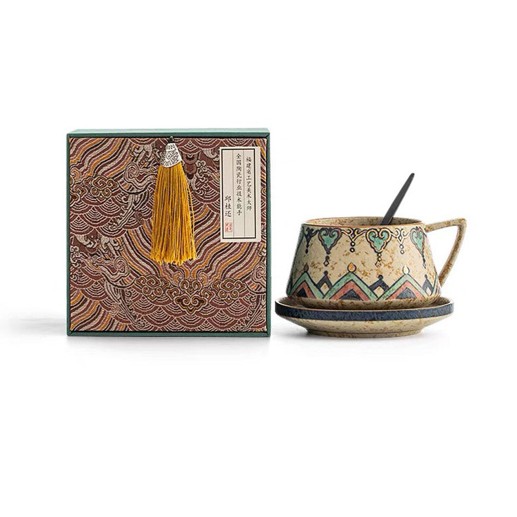 Flame Dance - Hand Painted Dunhuang latte mug with saucer
