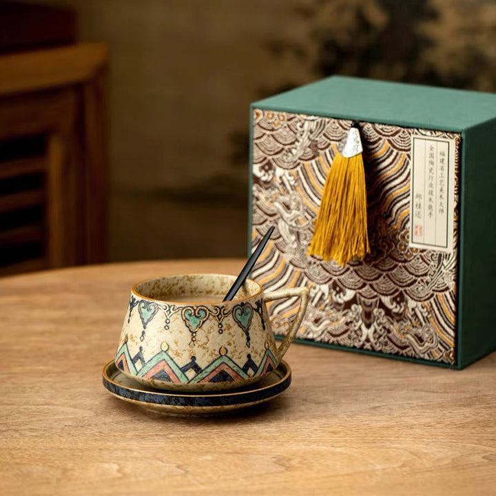 Flame Dance - Hand Painted Dunhuang latte mug with saucer