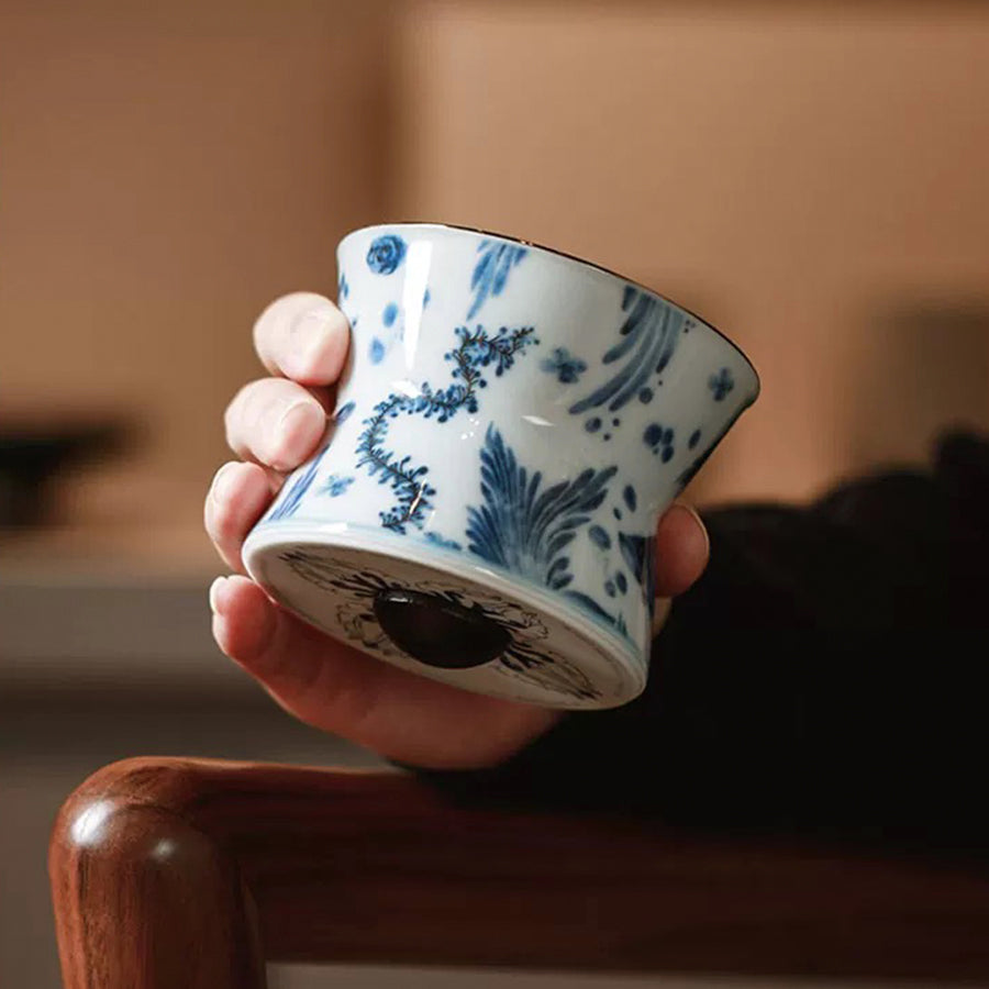 Luxury Blue and white pottery Whiskey rock mug with 925 silver outlining | Rotating/spanning Whiskey cup | Gift for him