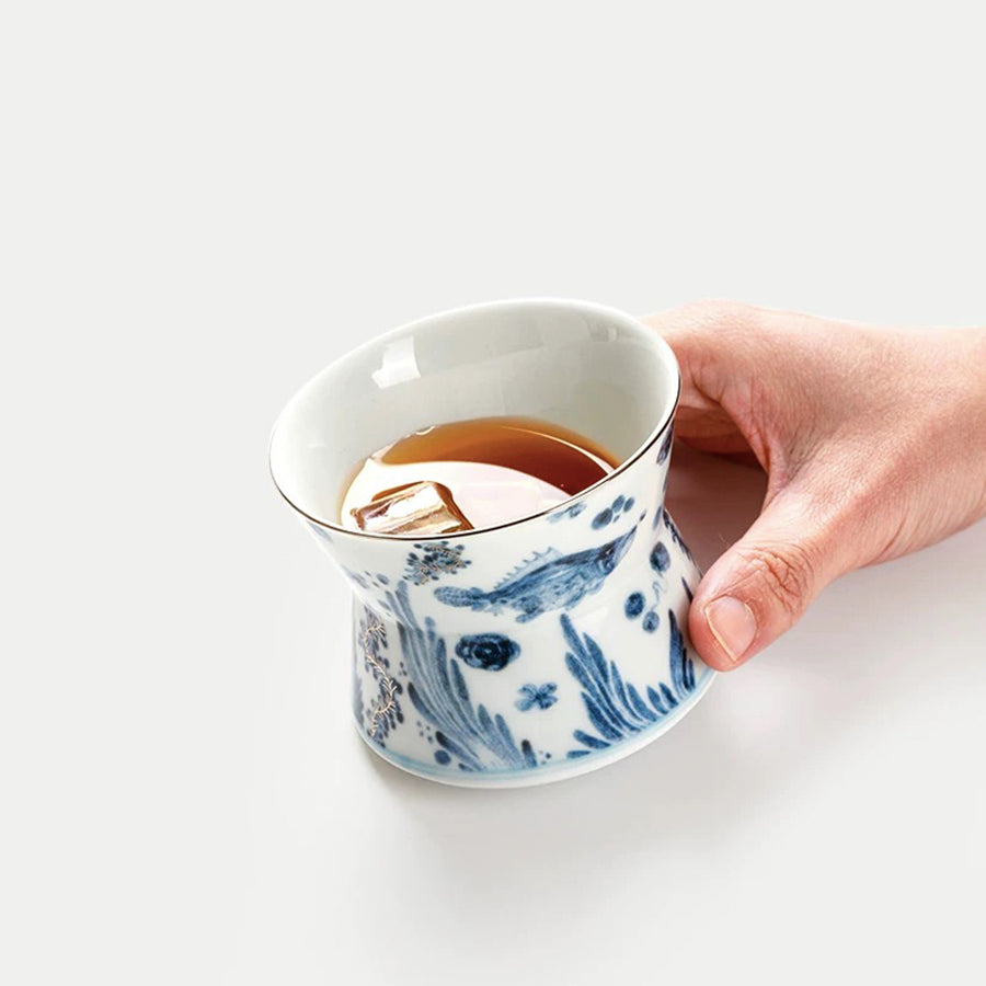 Luxury Blue and white pottery Whiskey rock mug with 925 silver outlining | Rotating/spanning Whiskey cup | Gift for him