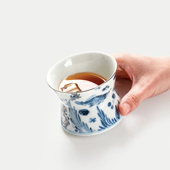 Luxury Blue and white pottery Whiskey rock mug with 925 silver outlining | Rotating/spanning Whiskey cup | Gift for him