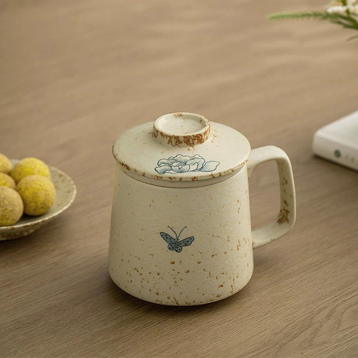 Butterfly on flowers - Hand-painted tea infuser mug - Teaware Space