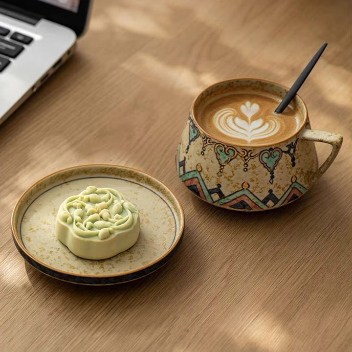 Flame Dance - Hand Painted Dunhuang latte mug with saucer
