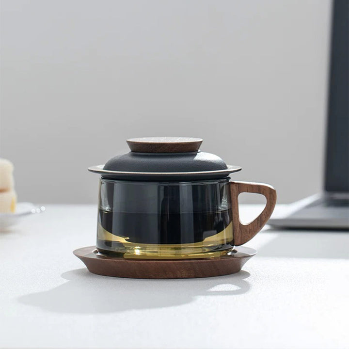 glass tea and coffee mug with lid, infuser, and wood saucer set 