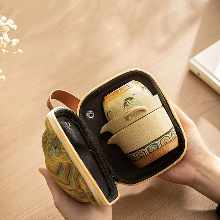 Mogao Grottoes style travel tea set with case | Wedding gift for couple
