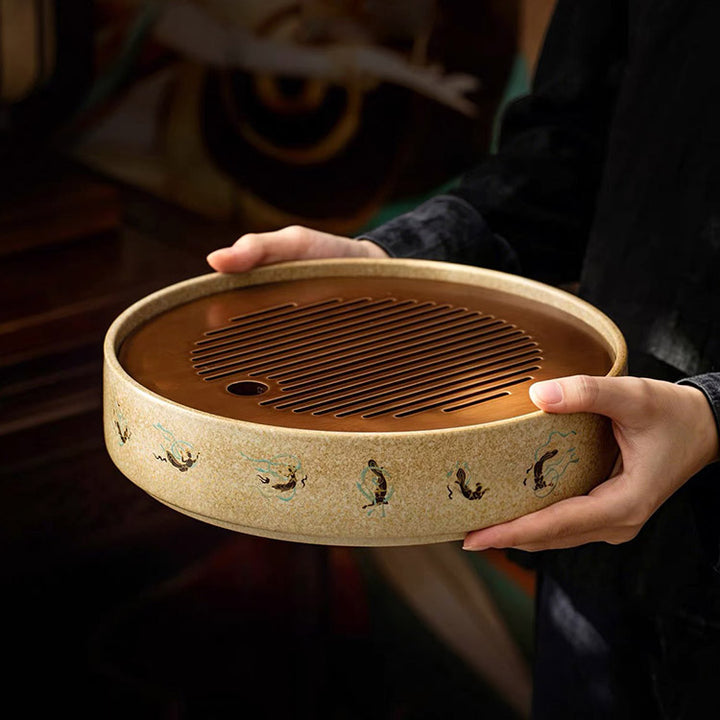 Flying Apsaras - Dunhuang handmade round tea tray with drainage