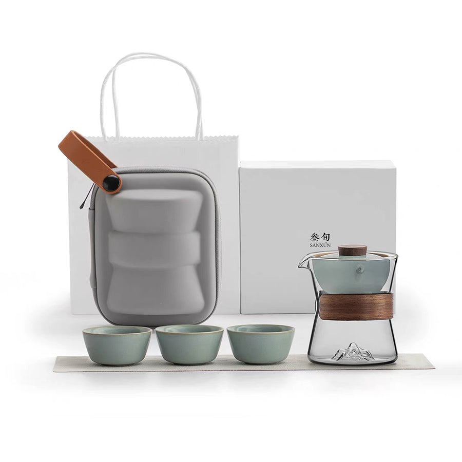 Comfy Hill - Glass and Ru-ware  travel tea set with rotate teapot