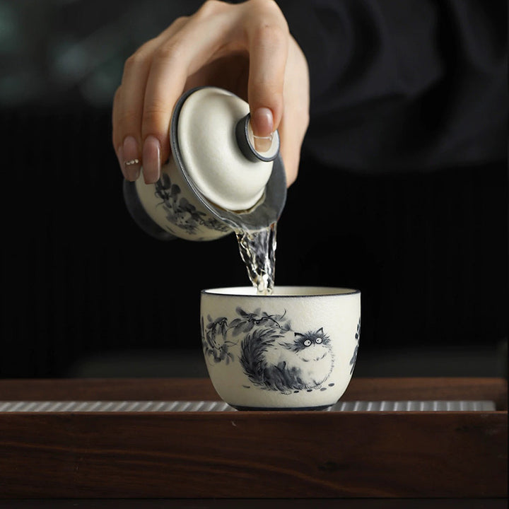 Blue and white cat - Travel gaiwan cat tea set for one - Teaware Space
