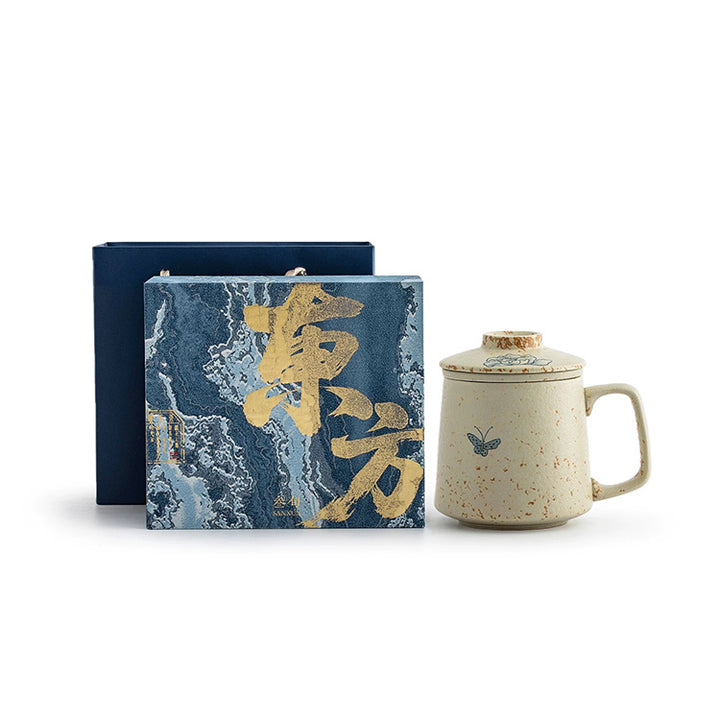 Butterfly on flowers - Hand-painted tea infuser mug - Teaware Space