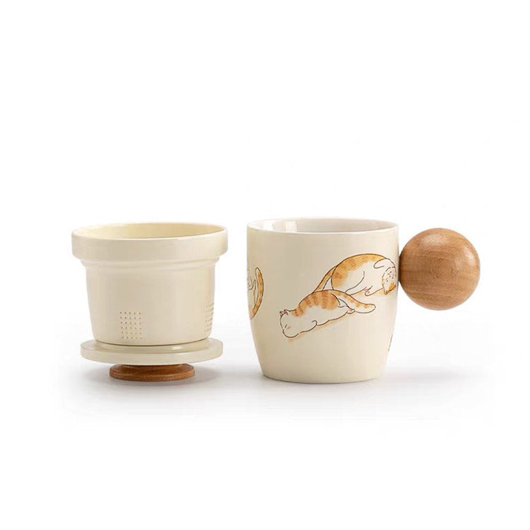 Lazy Cat - Handmade Cream cat infuser mug for tea