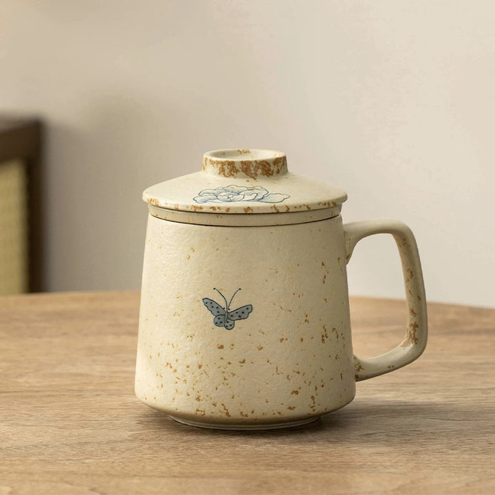 Butterfly on flowers - Hand-painted tea infuser mug - Teaware Space
