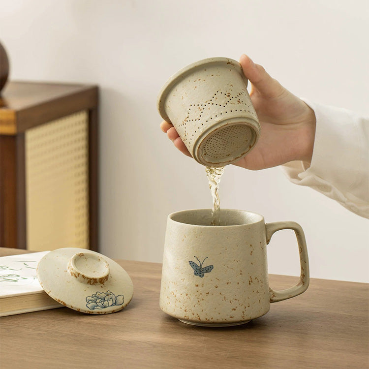 Butterfly on flowers - Hand-painted tea infuser mug - Teaware Space