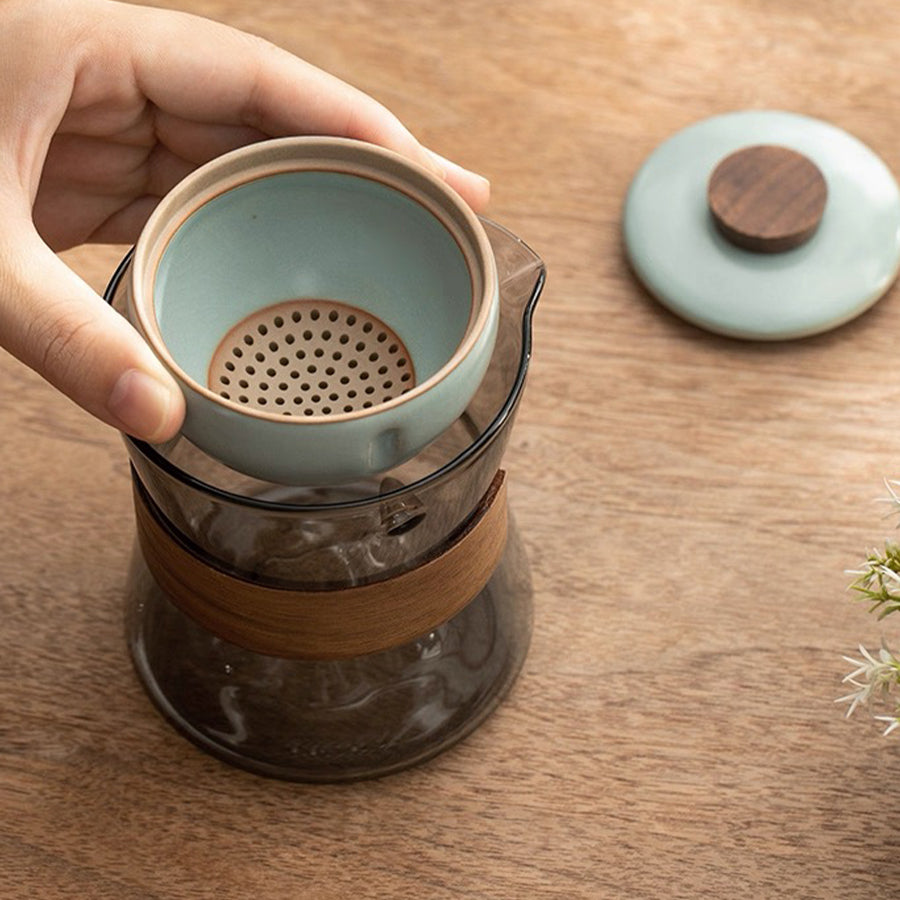 Comfy Hill - Glass and Ru-ware  travel tea set with rotate teapot