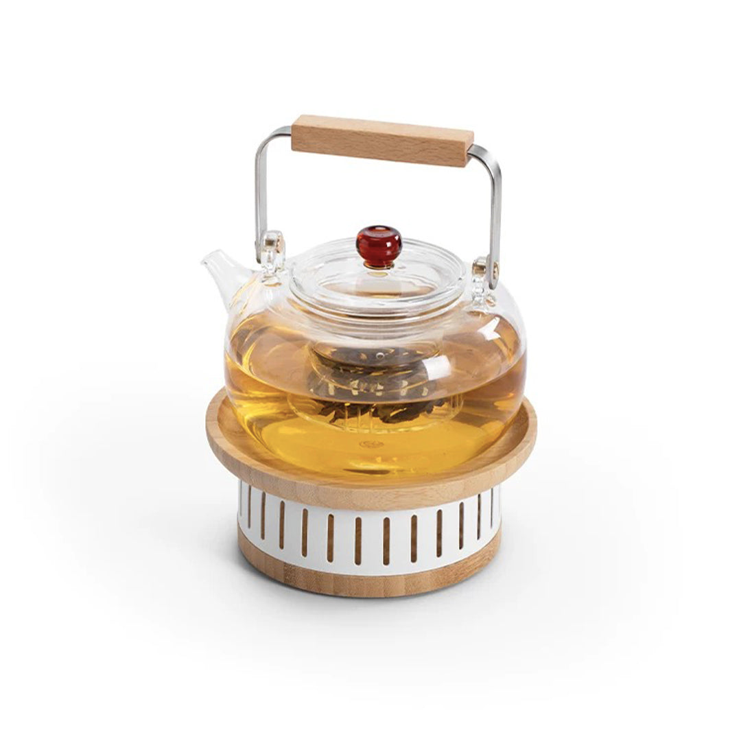 glass teapot with candle stove warmer 
