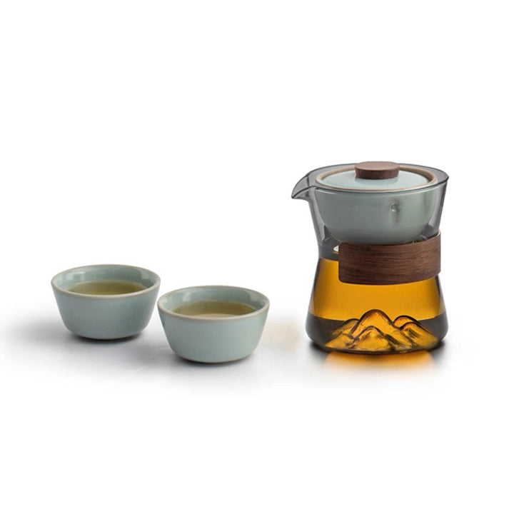 Comfy Hill - Glass and Ru-ware  travel tea set with rotate teapot