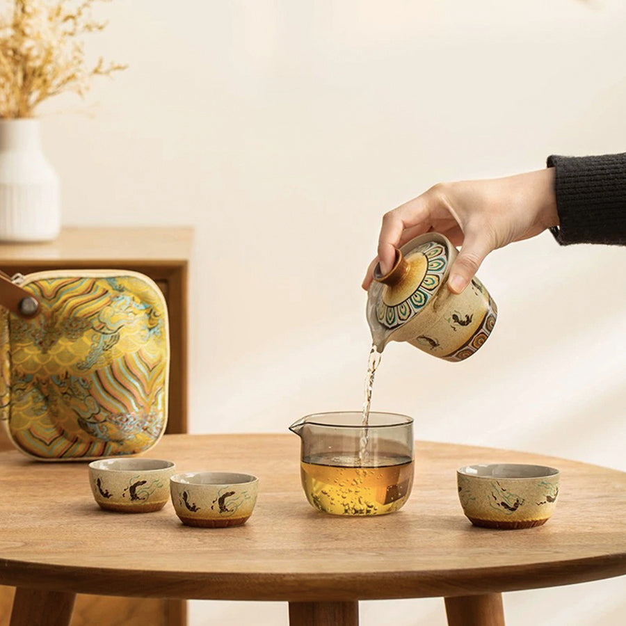 Mogao Grottoes style travel tea set with case | Wedding gift for couple