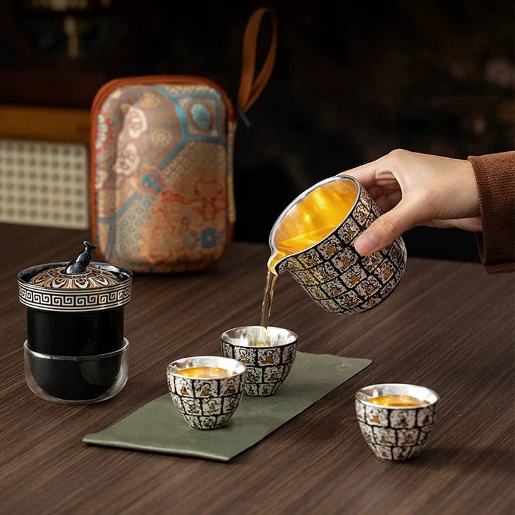 Thousand Buddha - Handmade silver and ceramic travel tea set - Teaware Space