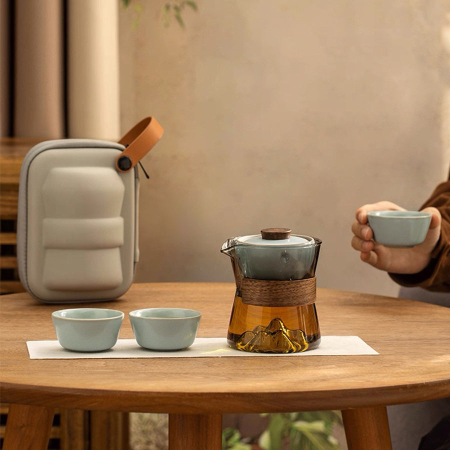 Comfy Hill - Glass and Ru-ware  travel tea set with rotate teapot
