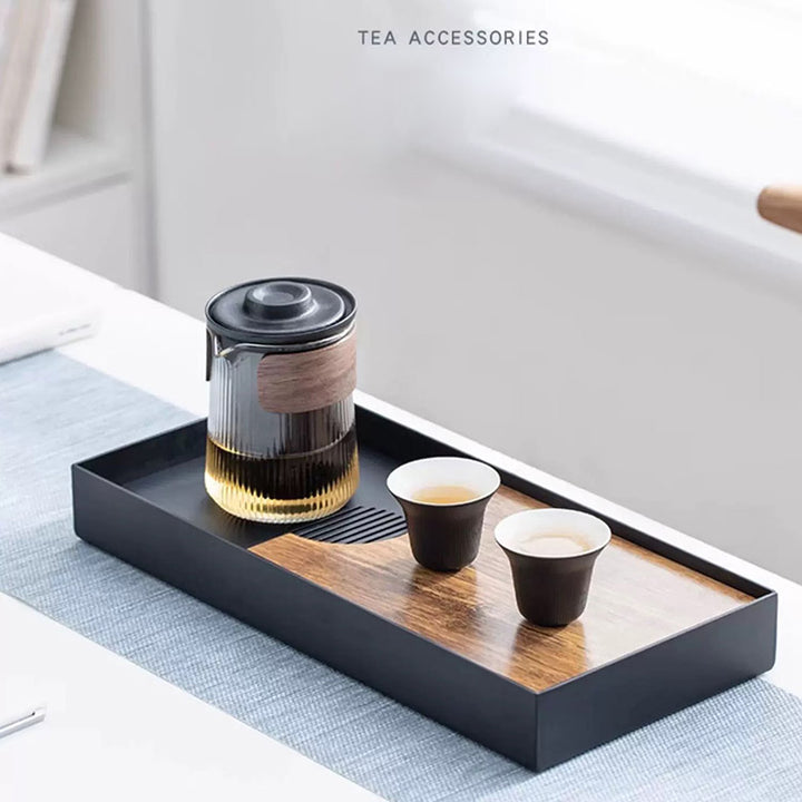 Spot and Line- Custom bamboo and stainless tea serving tray with water storage - Teaware Space