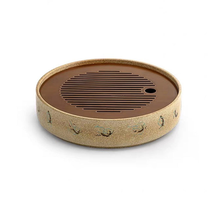 Flying Apsaras - Dunhuang handmade round tea tray with drainage