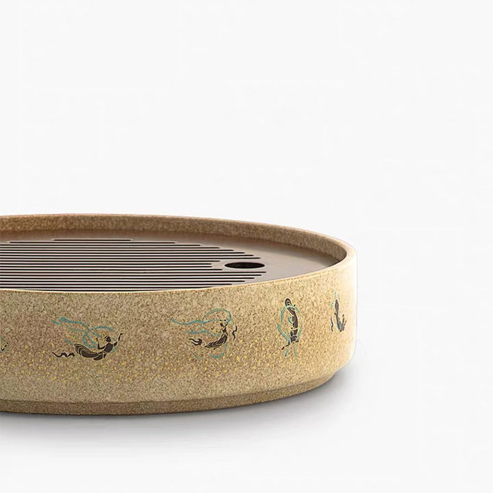 Flying Apsaras - Dunhuang handmade round tea tray with drainage