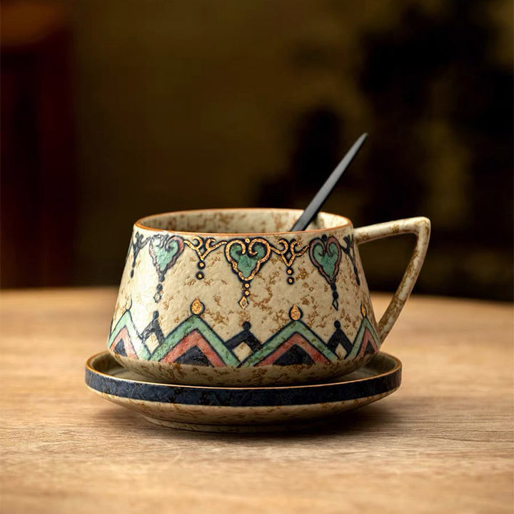 Flame Dance - Hand Painted Dunhuang latte mug with saucer