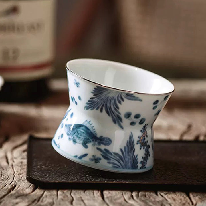 Luxury Blue and white pottery Whiskey rock mug with 925 silver outlining | Rotating/spanning Whiskey cup | Gift for him