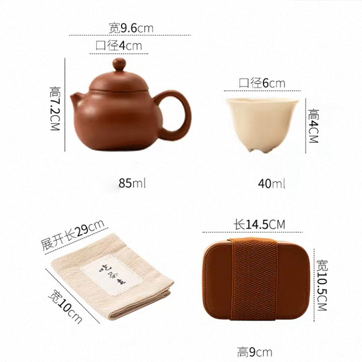 Tea set with dimensions labeled on a white background