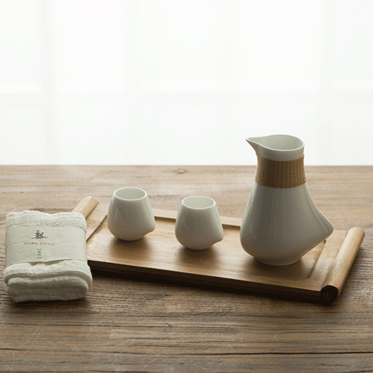 Hand-braided cozy sake set of 3 | 1 sake bottle  2 cups 1 gift box | Japanese style ceramic saki  set | wedding/anniversary gift - Teaware Space