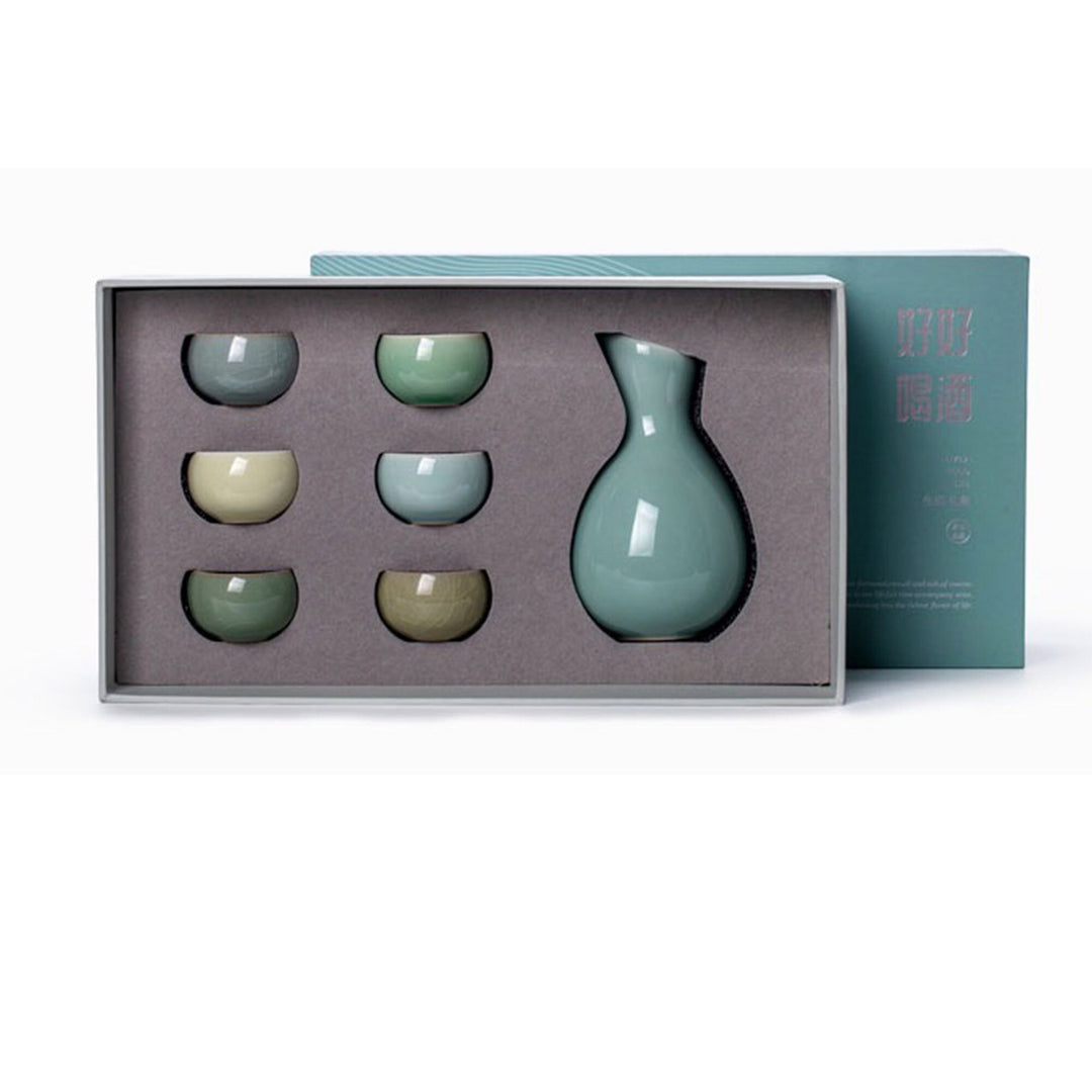 Japanese style Blue Vintage 7 pcs Sake set | 1 sake bottle, 6 cups | Ding table decor | wedding gift - Teaware Space