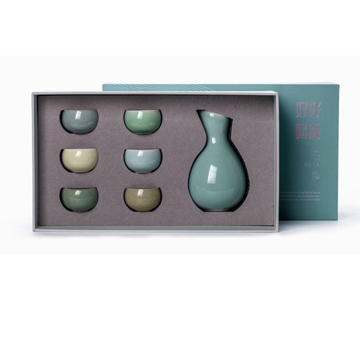 Japanese style Blue Vintage 7 pcs Sake set | 1 sake bottle, 6 cups | Ding table decor | wedding gift - Teaware Space
