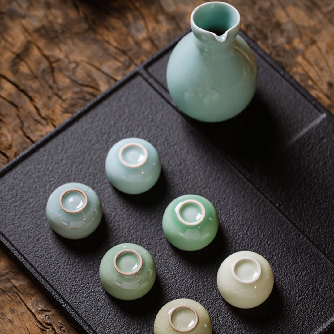 Japanese style Blue Vintage 7 pcs Sake set | 1 sake bottle, 6 cups | Ding table decor | wedding gift - Teaware Space