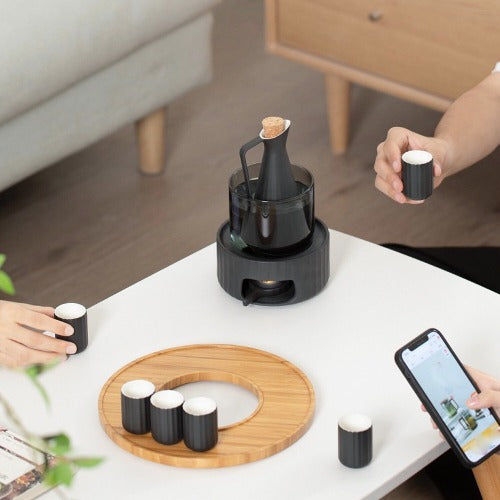 Minimal Unique Sake set | 1 pitcher, 1 candle stove, 6 cups, 1 tray