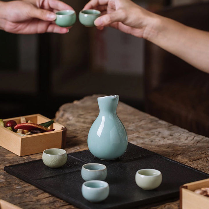 Japanese style Blue Vintage 7 pcs Sake set | 1 sake bottle, 6 cups | Ding table decor | wedding gift - Teaware Space