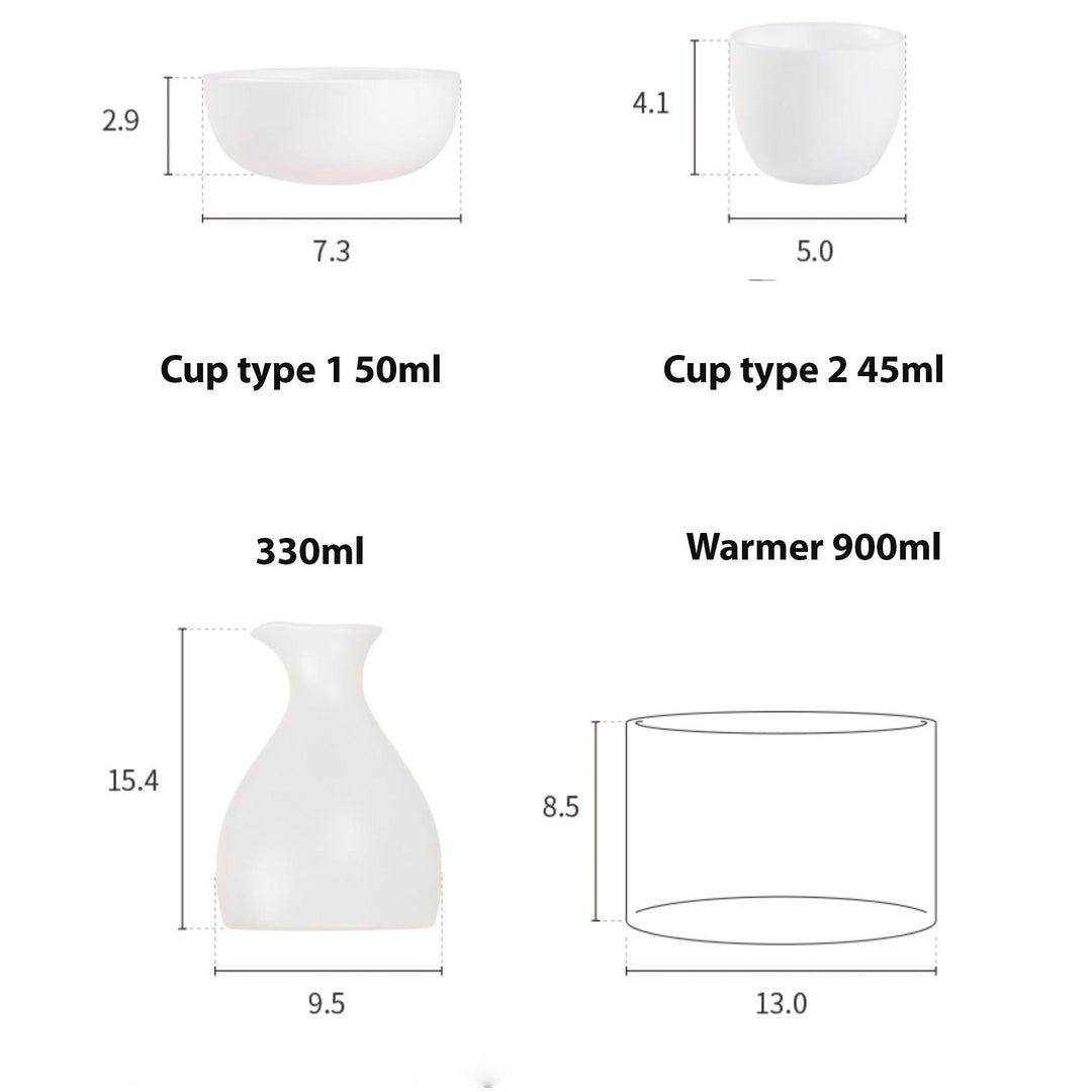 Minimal Japanese style sake set with warmer | 1 bottle, 4 cups or 6 cups, 1 glass warmer