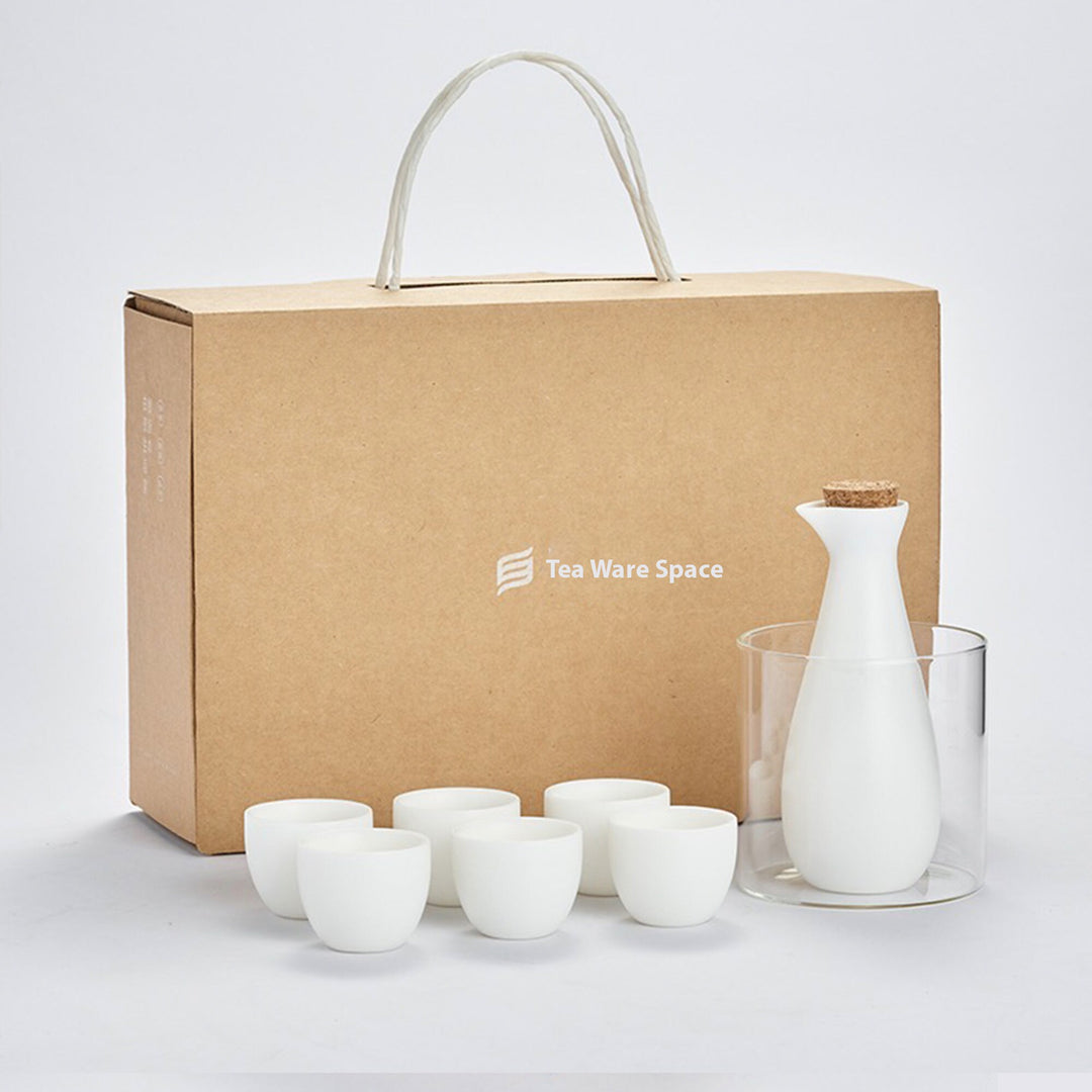Vintage sake set with glass warmer | 1 pitcher with lid, 4 or 6 cups, 1 glass warmer, gift for him/teacher - Teaware Space