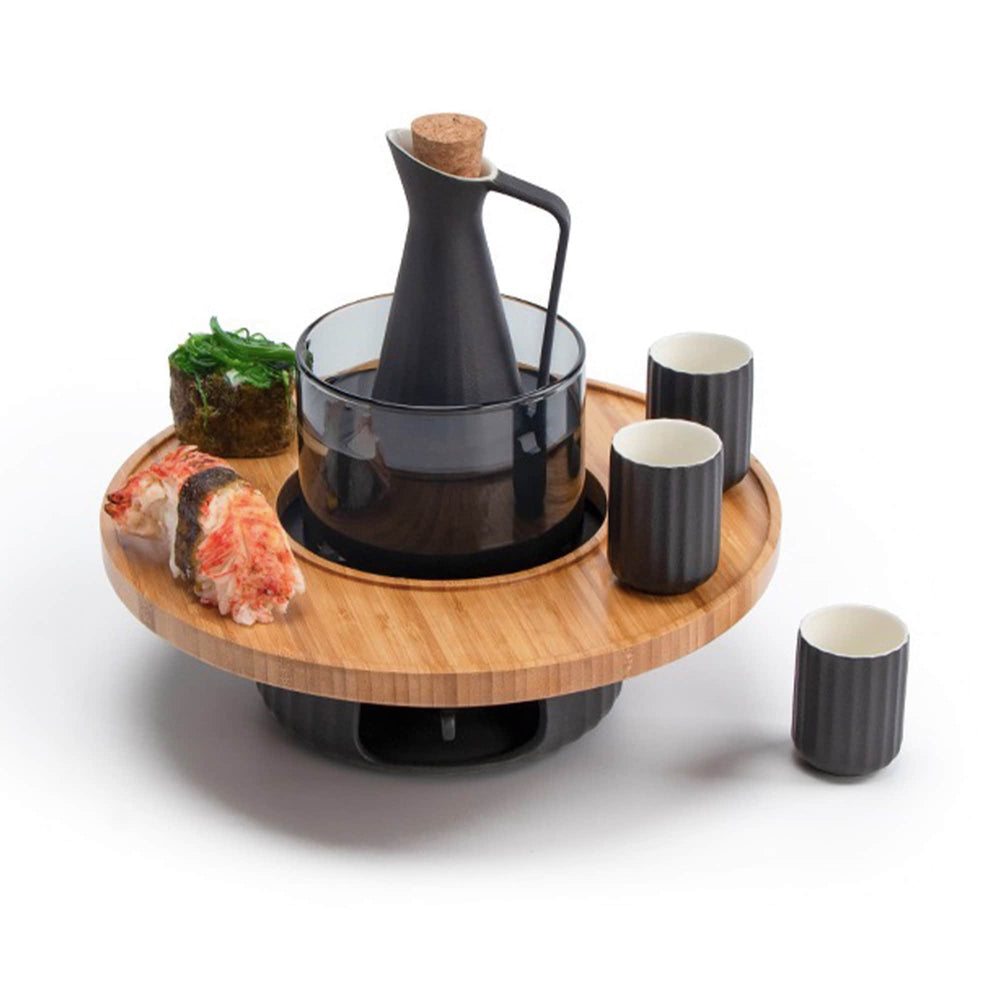 Black sake set with glass warmer, gift for man