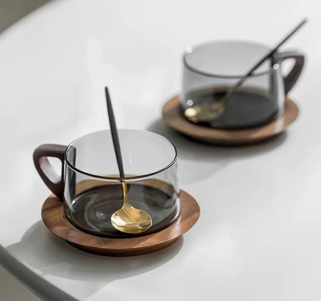 Handmade glass coffee mug with wooden saucer, gift for her/him boho decor, home bar
