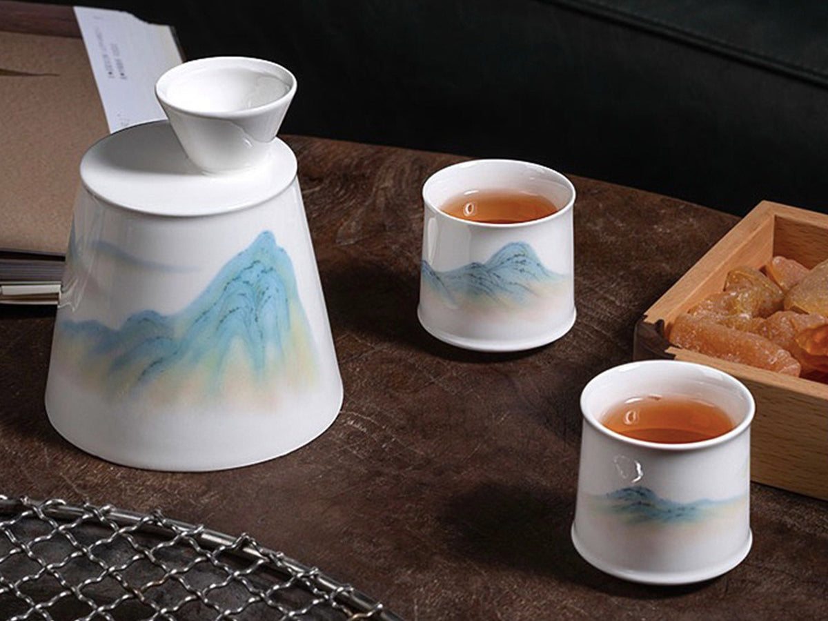 Vintage Mountain sake set | 1 sake pot 2 cups with Gift box | Japanese style | Christmas Gift for him - Teaware Space