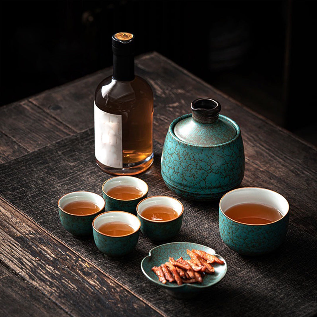 Japanese 7 pcs Vintage marble sake set with warmer