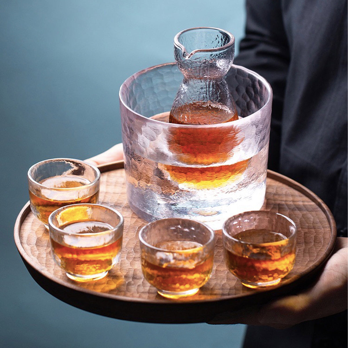 Handmade 6 pcs glass sake set with warmer and 4 cups - Teaware Space
