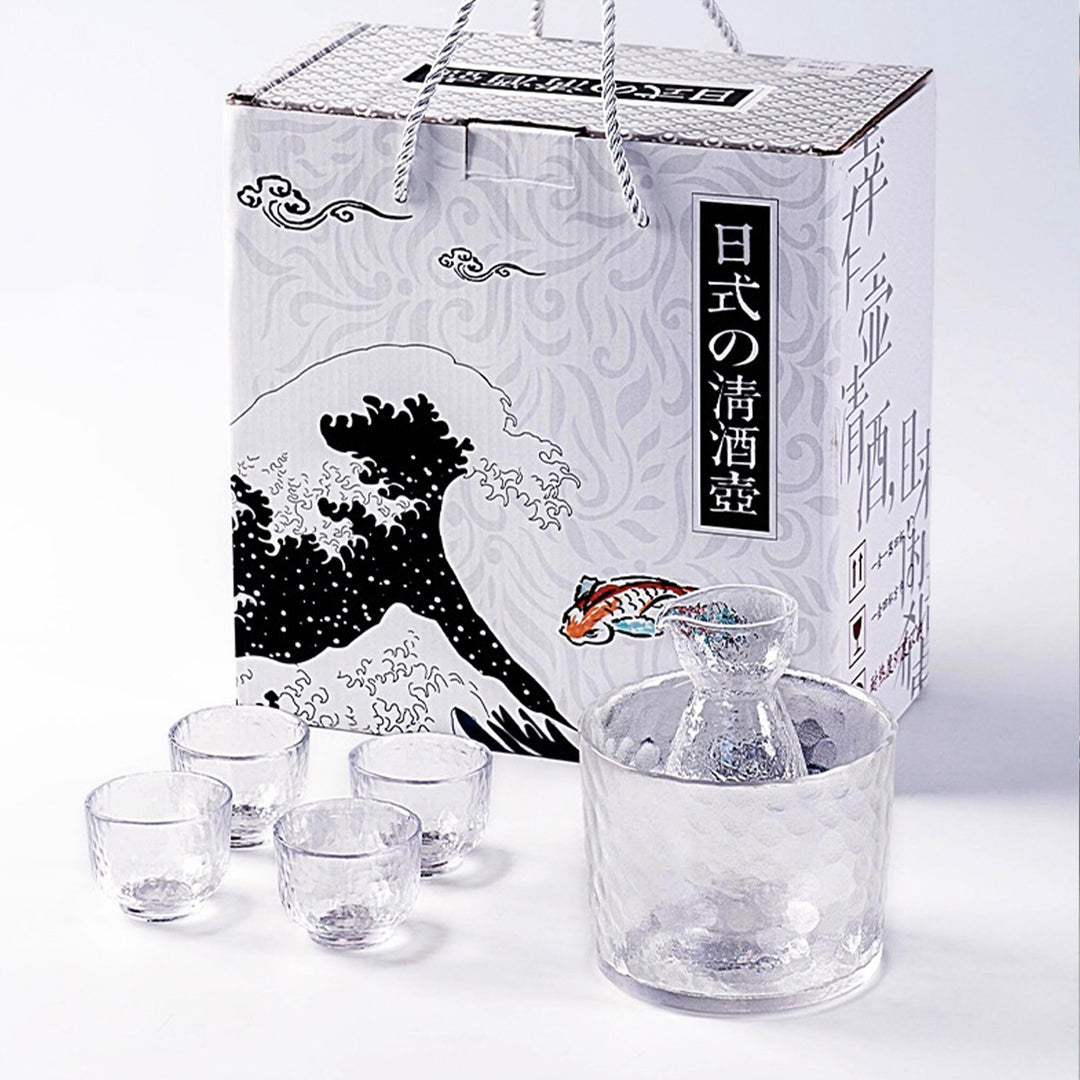 Handmade 6 pcs glass sake set with warmer and 4 cups