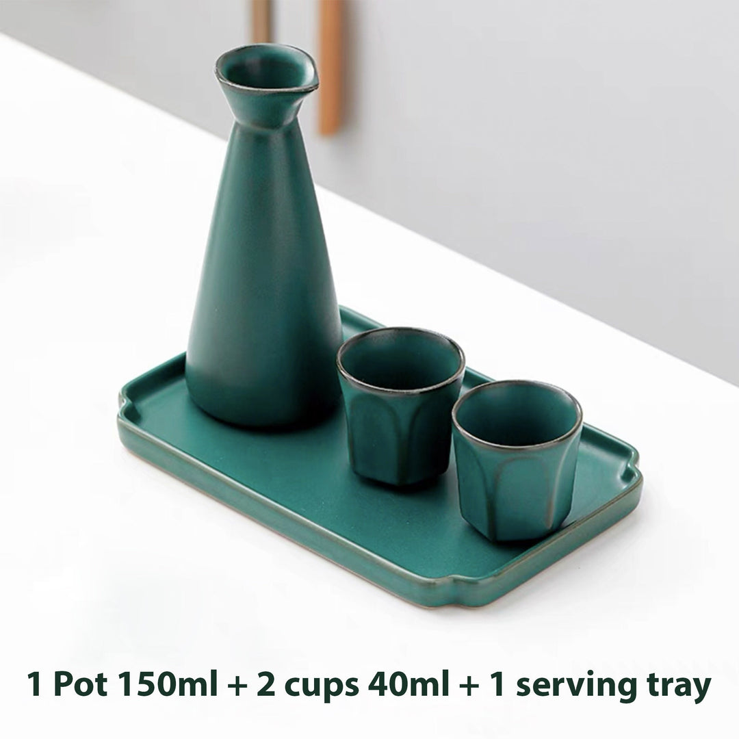 Vintage Japanese style sake set with tray | 1 saki bottle, 2 or 4 cups, 1 serving tray | gift for man | bar ware - Teaware Space